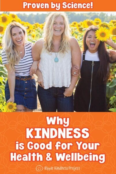 Picture Of 3 Happy Women Walking Through A Field Of Sunflowers With The Caption: Why Kindness Is Good For Your Health And Wellbeing