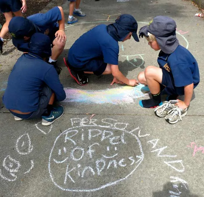 School Children Drawing With Chalk On Asphalt With The Wording Ripple Of Kindness.