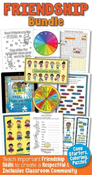 A range of coloring pages, conversation starters, digital jigsaw puzzles, bookmarks, wordsearches, and more for primary and elementary school students to teach about friendship.