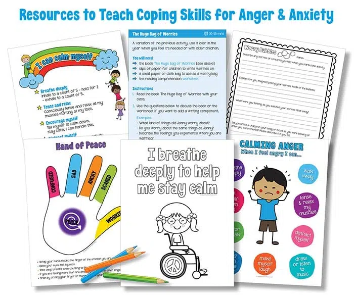 Images Of Social-Emotional Learning Resources For Teachers To Help Elementary And Primary School Student Learn Coping Skills For Anger And Anxiety.