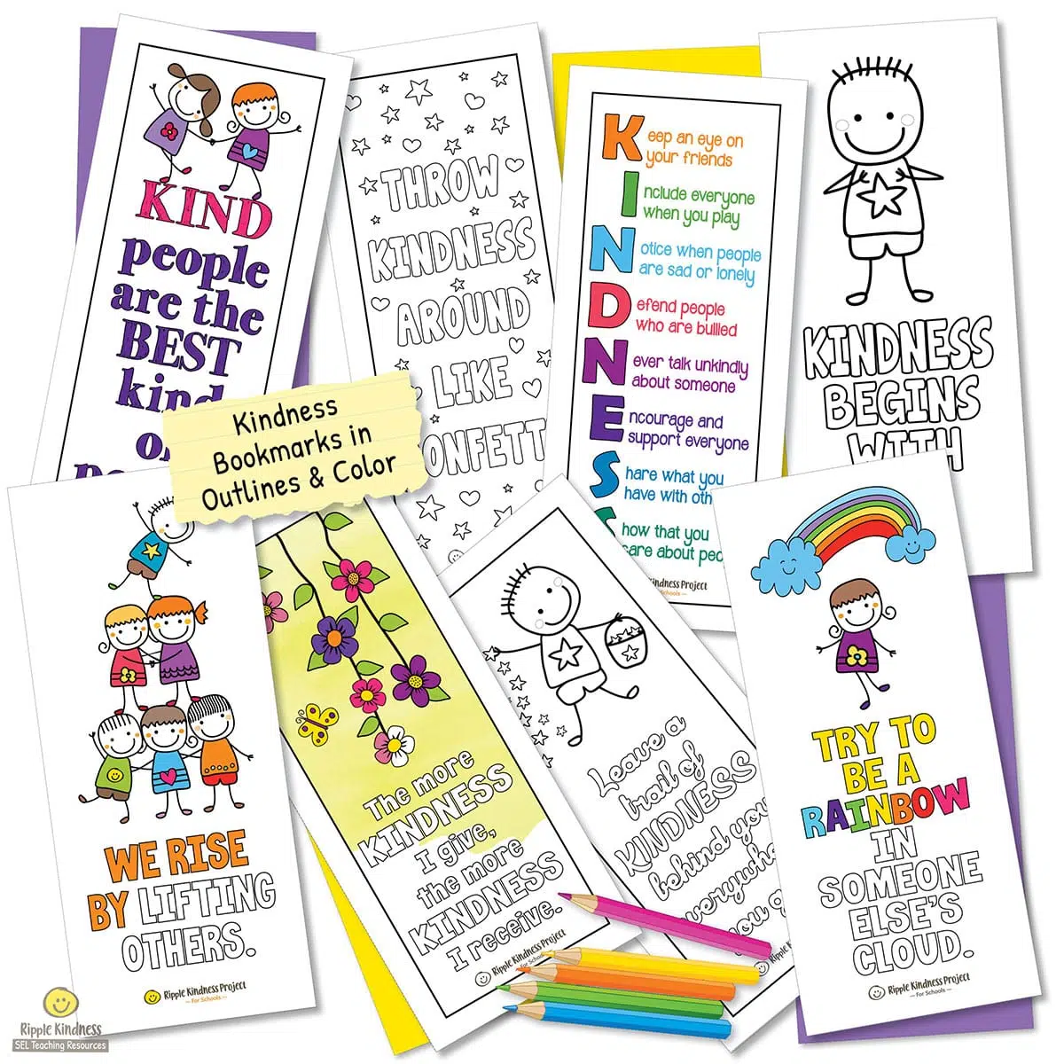 An Assortment Of Kindness Bookmarks Some Colored And Some In Outlines For Primary And Elementary School Children By Ripple Kindness Sel Activities