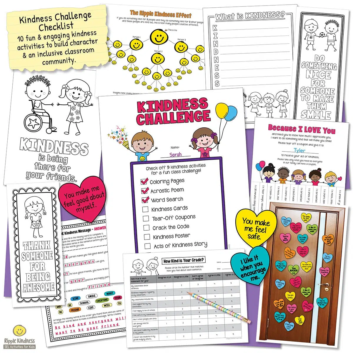 Resources For A 5-Week Kindness Challenge With Coloring Pages, Bookmarks, Coupons, Activities, And A Student Happiness Survey By Ripple Kindness Sel Activities