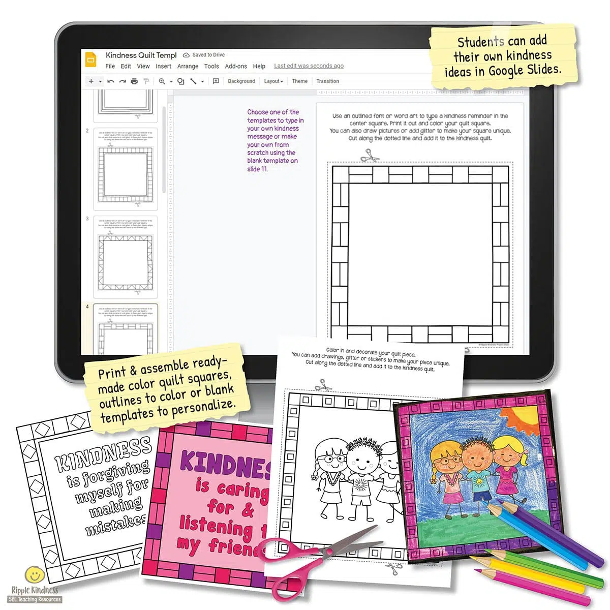 Digital And Printable Resources For A Kindness Quilt For Primary And Elementary School Students By Ripple Kindness Sel Activities.
