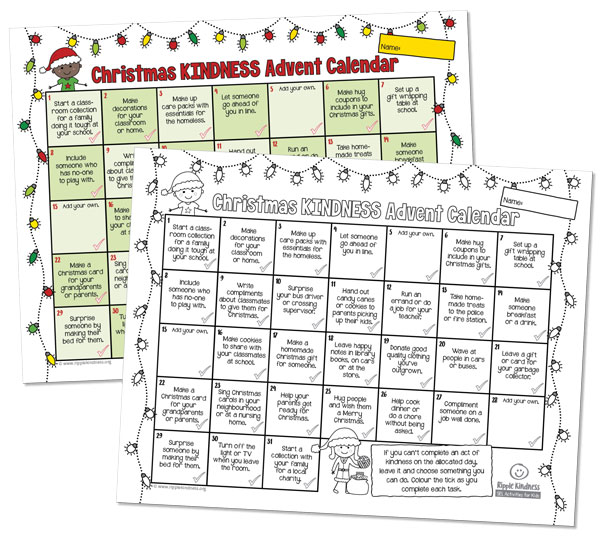 Free Kindness Advent Calendar For Christmas Fun. Kids Complete 31 Acts Of Kindness In The Month Of December.
