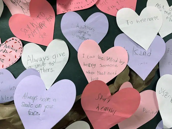56 Kindness Tree Bulletin Board Ideas For A School Project 26 A Gorgeous Array Of Hearts With Positive Message Hanging On A Kindness Tree At Vanderveer Elementary.
