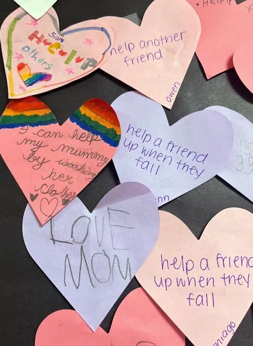 56 Kindness Tree Bulletin Board Ideas For A School Project 28 A Gorgeous Array Of Hearts With Positive Message Hanging On A Kindness Tree At Vanderveer Elementary.