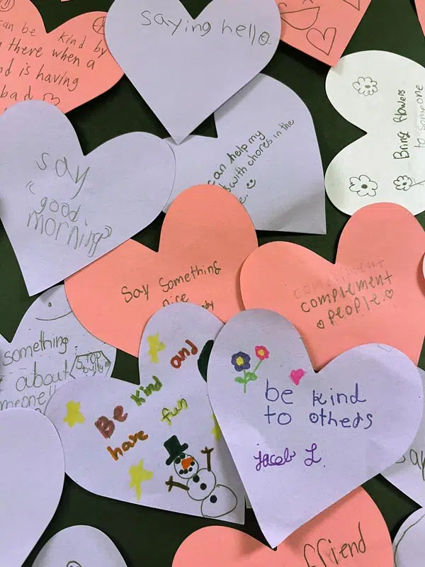 56 Kindness Tree Bulletin Board Ideas For A School Project 27 A Gorgeous Array Of Hearts With Positive Message Hanging On A Kindness Tree At Vanderveer Elementary.