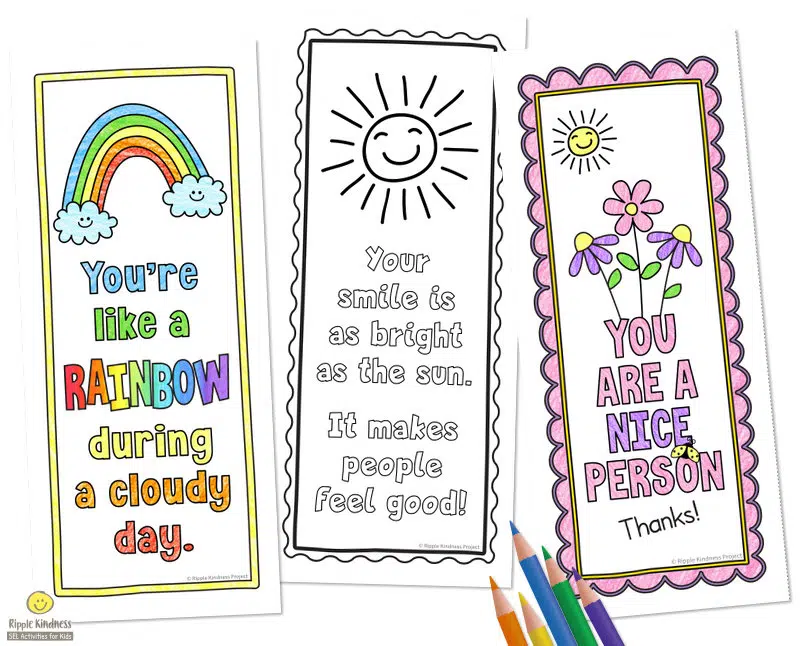 3 Free Compliments Bookmarks With 2 Colored And One Outline With Coloring Pencils.