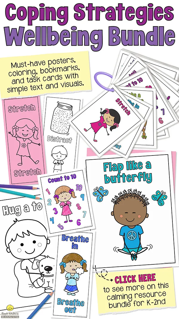 An effective visual bundle for K - 2nd grade students with strategies for emotional regulation. Posters, coloring pages, bookmarks, and wellbeing cards are a must for your calm down corner.
