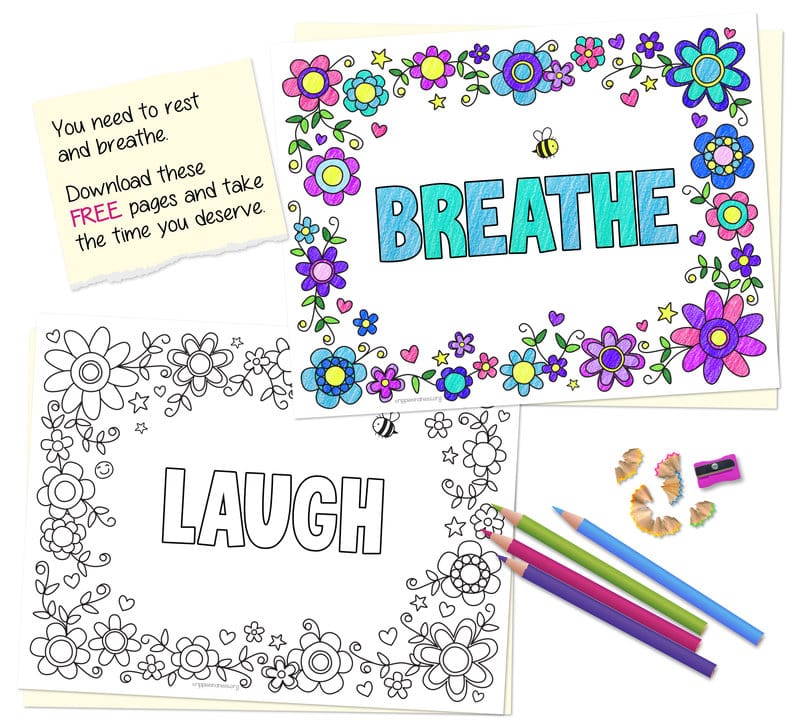 Two Floral Coloring Pages With A Word On Each With Pencils. Free For Teachers To Download.