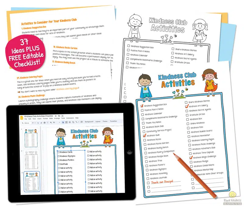 Download A Free Kindness Club Ideas And Activities Checklist For Elementary Students.