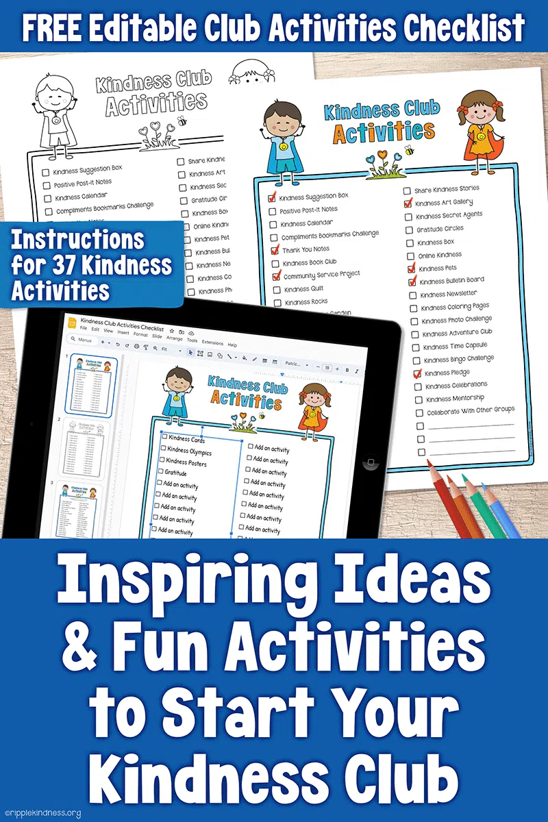 Images Of Free Kindness Club Ideas Checklist With Activities For Elementary School Children.