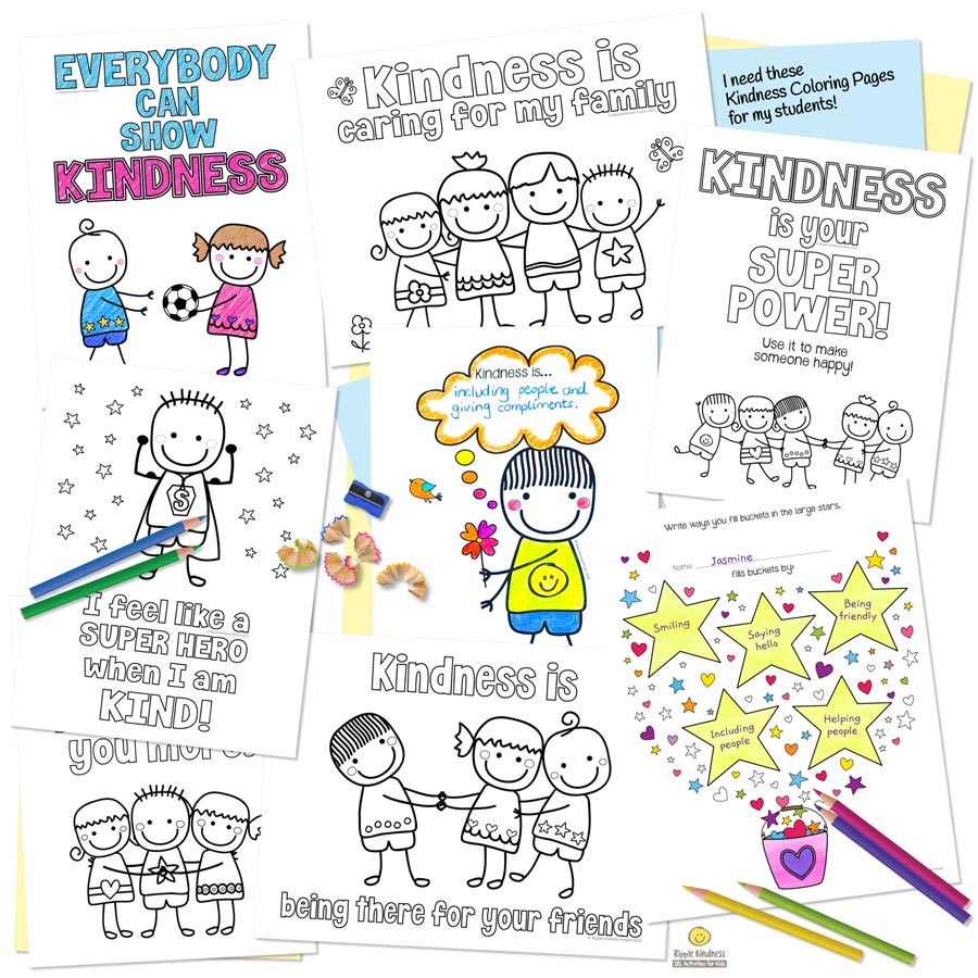A Selection Of Colored And Uncolored Kindness Coloring Pages For Kids To Build Positive Character Traits By Ripple Kindness Sel Activities