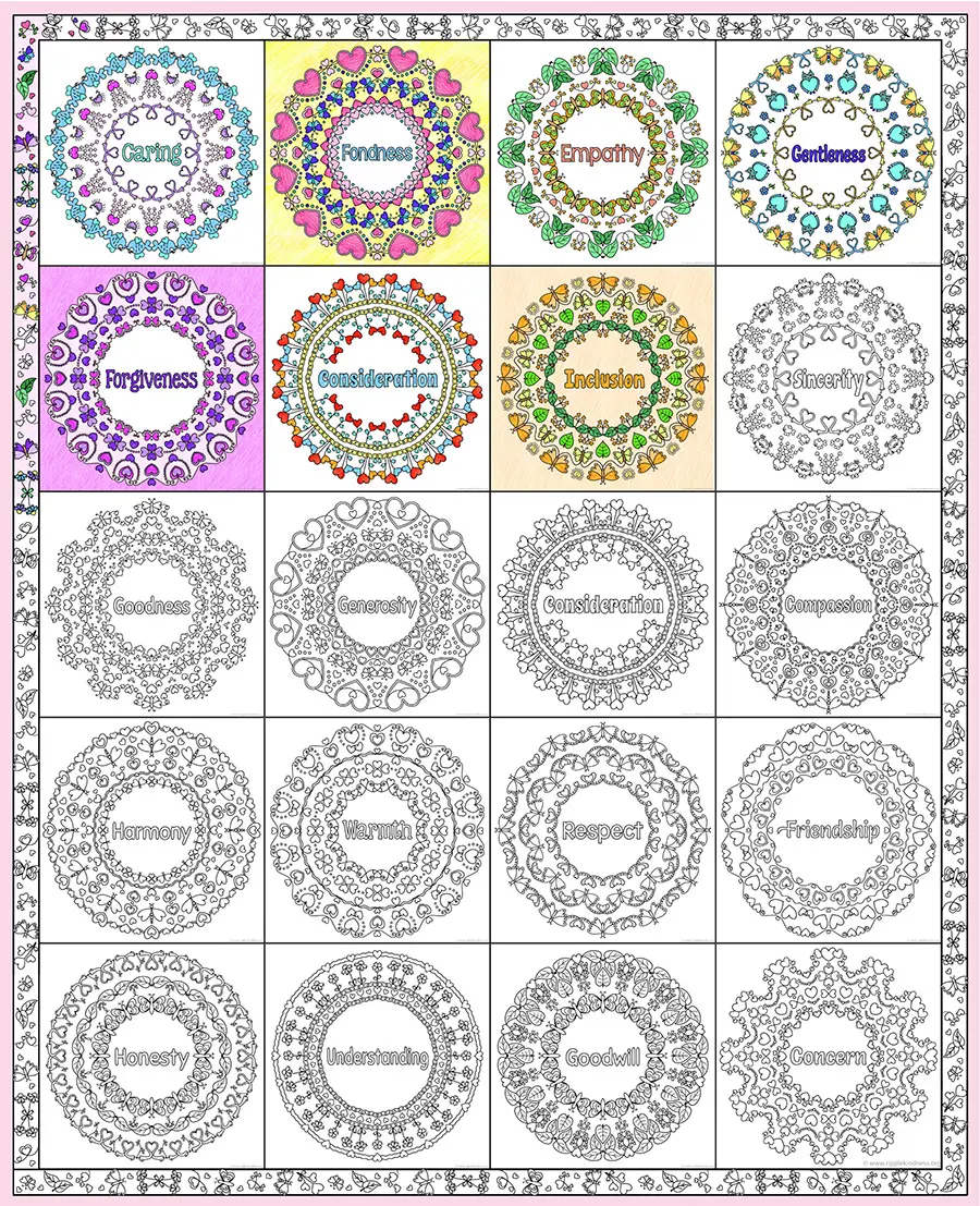 A Display With Mandalas Made From Hearts That Students Have Partially Colored.