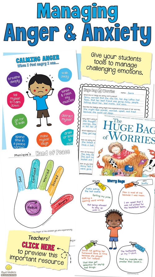 A range of worksheets and printables that teacher elementary students how to manage anger and anxiety to improve wellbeing.
