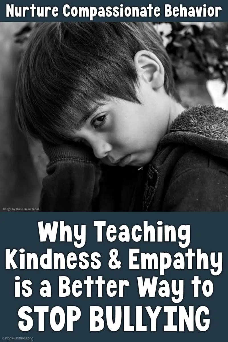 Image Of A Sad Child With The Caption &Quot;Teach Kindness And Empathy To Reduce Bullying At School And Online.&Quot; This Is Attached To A Post About Teaching Empathy To Reduce Bullying At School.