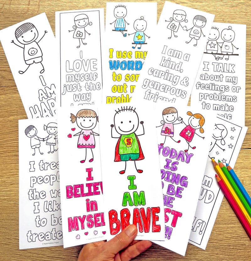 Positive affirmations bookmarks for kids to color.