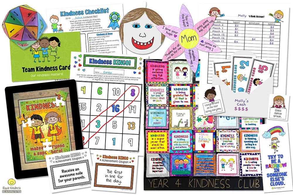 A Big Bundle Of Kindness Activities To Last The Whole Year. Includes Puzzles, Games, Bingo, Paper Fortune Teller, Kindness Coloring Pages, Posters, Kindness Quilt, Bulletin Boards, Kindness Craft, Kindness Cash For Classroom Management, Kindness Bookmarks And So Much More!