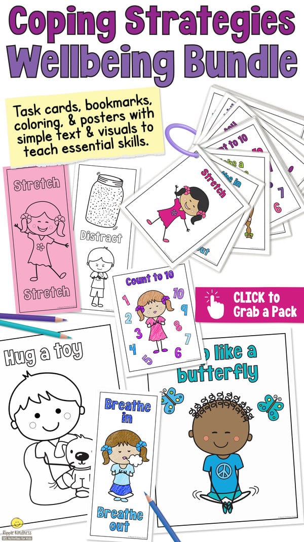 An effective visual bundle for K - 2nd grade students with strategies for emotional regulation. Posters, coloring pages, bookmarks, and wellbeing cards are a must for your calm down corner.