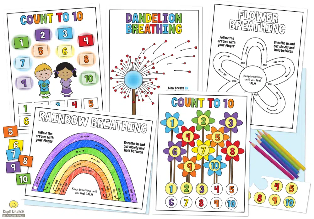 Deep Breathing Posters And Coloring Pages For Students To Learn Coping Strategies For Emotional Regulation.