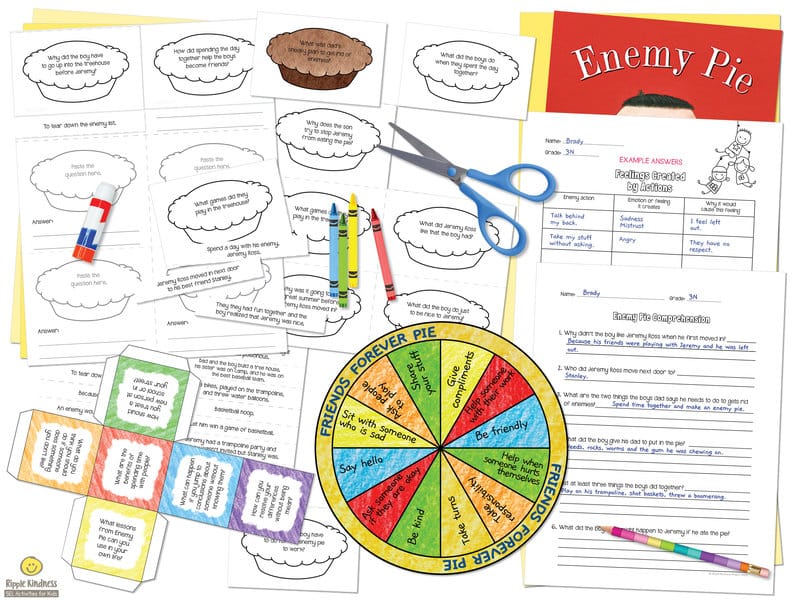 Enemy Pie picture book companion packet with craft activity, reading comprehension lessons, word-searches, coloring pages and posters.