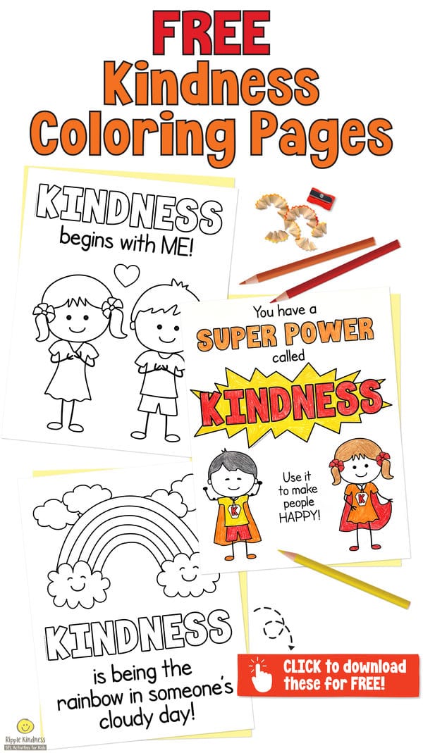 Free kindness coloring pages for teachers to download to help teach their elementary students that kindness is their superpower.
