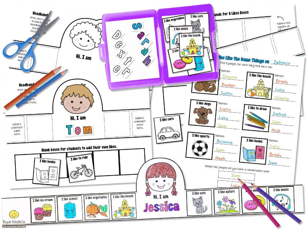 A printable resource for elementary students with a getting to know you headband activity where students stick images of things they like onto the headband they wear for other students to see what they have in common. A great friendship activity to build connections in the classroom.
