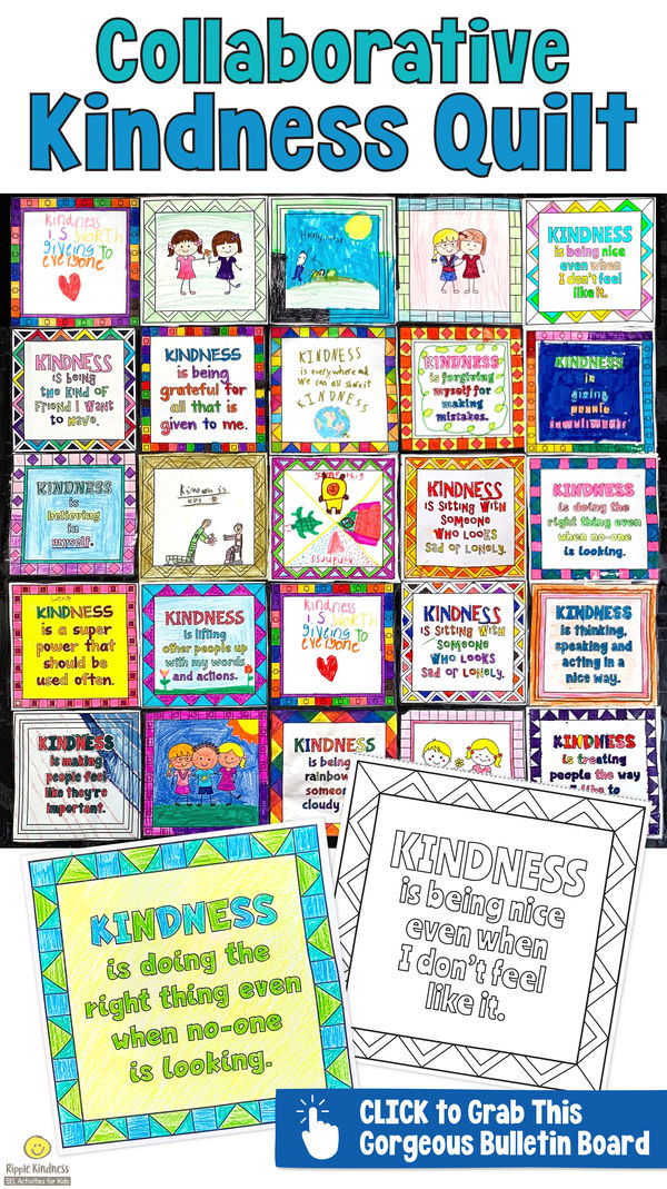 An absolutely gorgeous kindness quilt that's a collaborative bulletin board for elementary students.