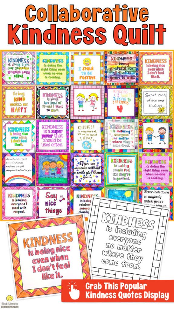 A collaborative kindness quilt bulletin board with kindness quotes for elementary students.