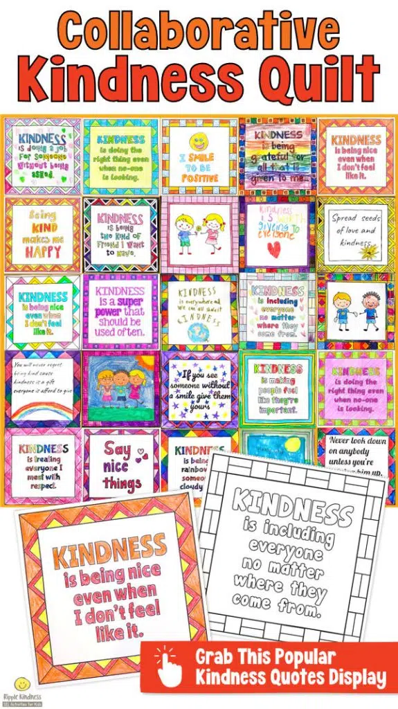 A collaborative kindness quilt bulletin board with kindness quotes for elementary students.