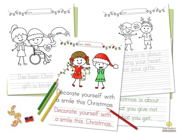Christmas Themed Kindness Coloring Pages With Dotted Text For Kindergarten And 1St Grade Students To Trace To Practice Handwriting.