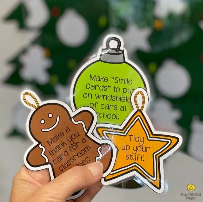 Decorations With Good Deeds For A Ready-Made Kindness Christmas Tree Advent Calendar For Elementary Students.