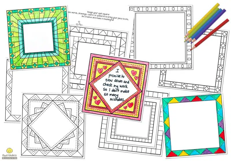 A Selection Of Blank, Colored And Filled Out Paper Quilt Squares For Elementary Students.