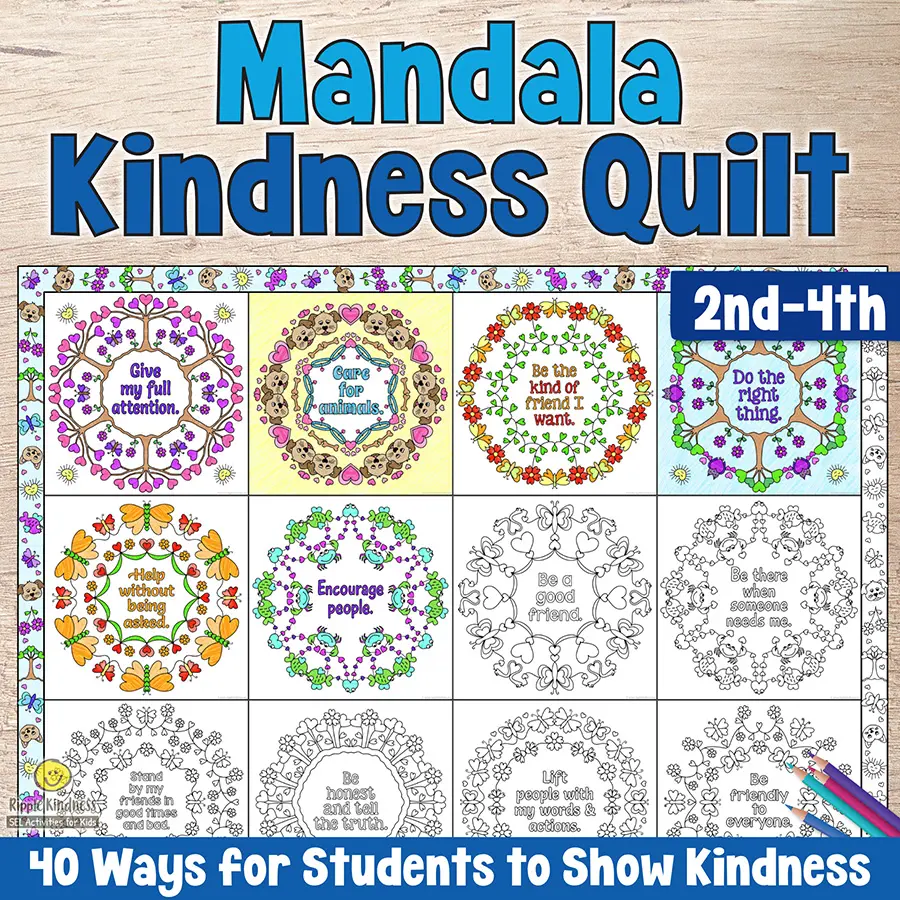 Kindness-Heart-Mandala-Quilt-2Nd-4Th-Grade Paper Templates For A Love And Kindness Mandala Coloring Bulletin Board For Kindness Day, Friendship Day Or Valentine's Day. For 2Nd-4Th Grade Students.