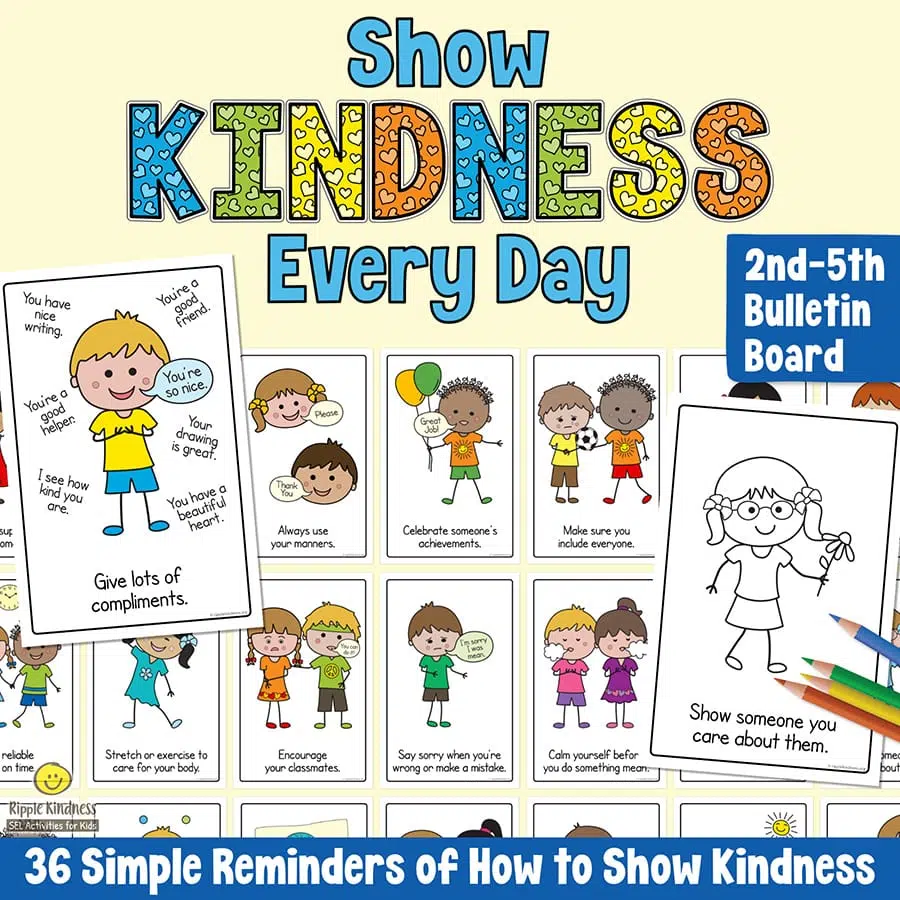 A Range Of Cute Images Of Children With Text About How To Show Kindness. Printable Mini Posters To Make A Kindness Quilt Or Bulletin Board Display For Elementary Students.