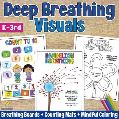 Deep breathing visuals and mindful coloring pages for students to learn to calm down and regulate their emotions independently.