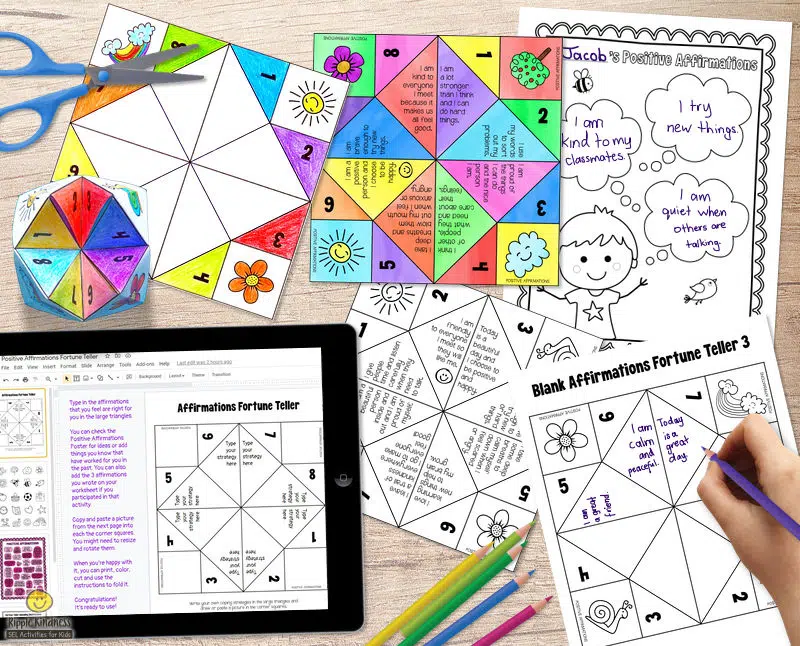 Positive Affirmations Fortune Teller With Worksheets. A Cootie Catcher Game To Turn Negative Thoughts Into A Positive Mindset.