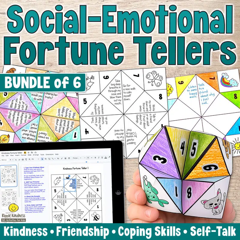 A Bundle Of 6 Sel Fortune Tellers With Kindness, Friendship, Anger &Amp; Anxiety, Loneliness, Sadness, And Affirmations Cootie Catchers, Worksheets And Posters.