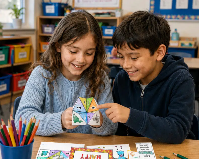 Students Playing With A Paper Fortune Teller Or Cootie Catcher In The Classroom.